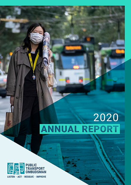 The 2020 Annual Report cover shows a person waiting for a tram while wearing a mask during the COVID19 pandemic. There are two trams in the background.