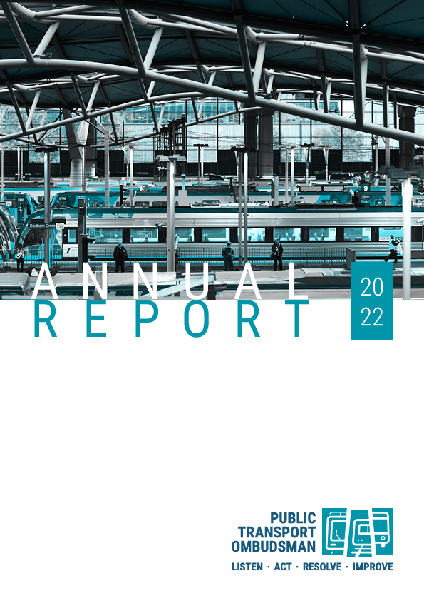 The PTO Annual Report 2022 cover shows trains waiting at Southern Cross Station. Passengers can be seen on the platform in the foreground and the station's distinctive roof can be seen at the top of the image.