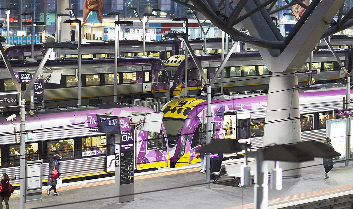 Image shows V/Line trains at Southern Cross Station.