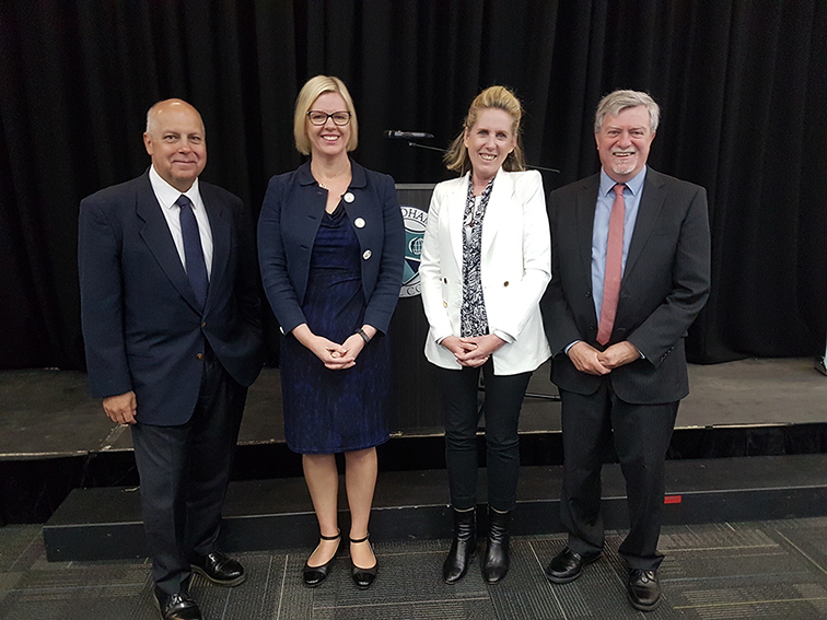 Victorian State Treasurer and Member for Werribee, Tim Pallas, CEO of Victorian Council of Social Service, Emma King, Public Transport Ombudsman, Treasure Jennings, and CEO WEstjustice Community Legal Centre, Professor Denis Nelthorpe at the funding announcement.