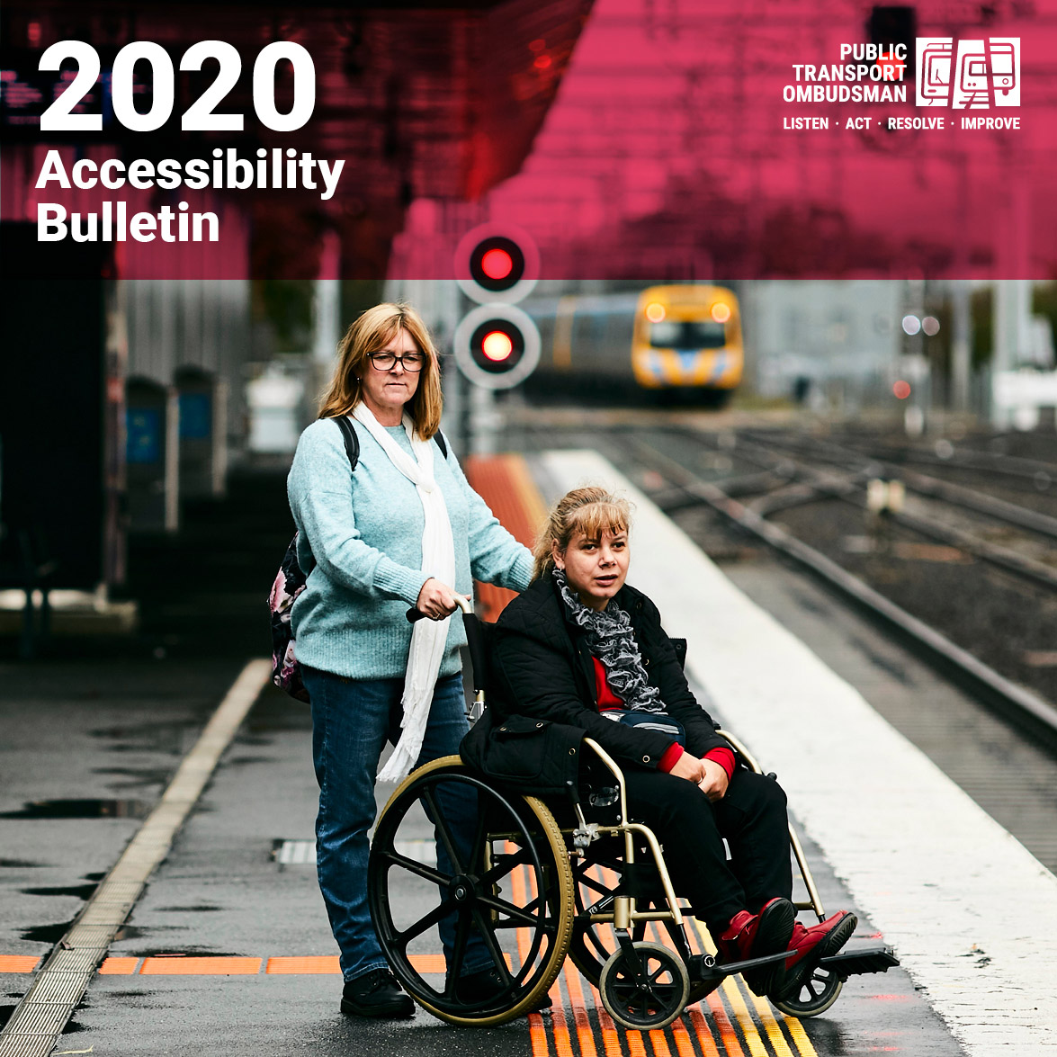 2020 Accessibility Bulletin Cover shows a person in a wheelchair waiting on a station platform with her carer as a train approaches in the background.