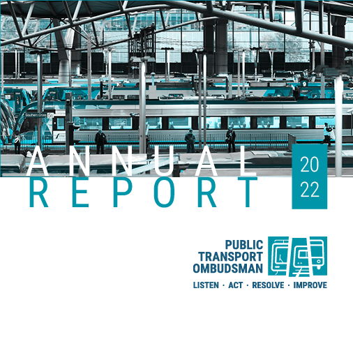 The PTO Annual Report 2022 cover shows trains waiting at Southern Cross Station. Passengers can be seen on the platform in the foreground and the station's distinctive roof can be seen at the top of the image.