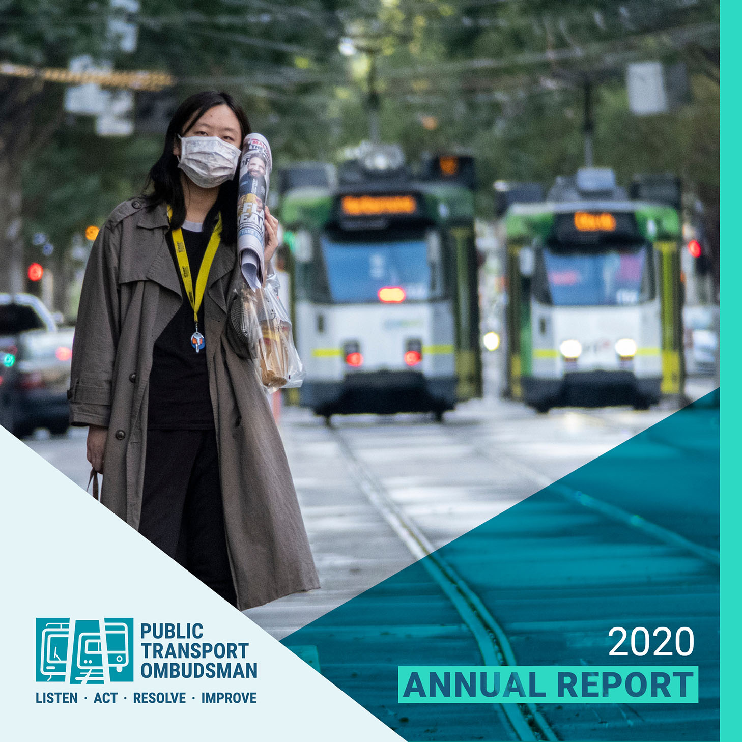 The PTO's 2020 Annual Report cover is an image of a person wearing a facemask while waiting for a tram during the COVID-19 pandemic. There are two blurred trams in the background.