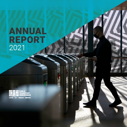 Annual Report cover shows a person walking through myki turnstiles, tapping on their myki card. The person is silhouetted by light from windows behind them, but their facemask is visible. there is a striped pattern on the window behind them.