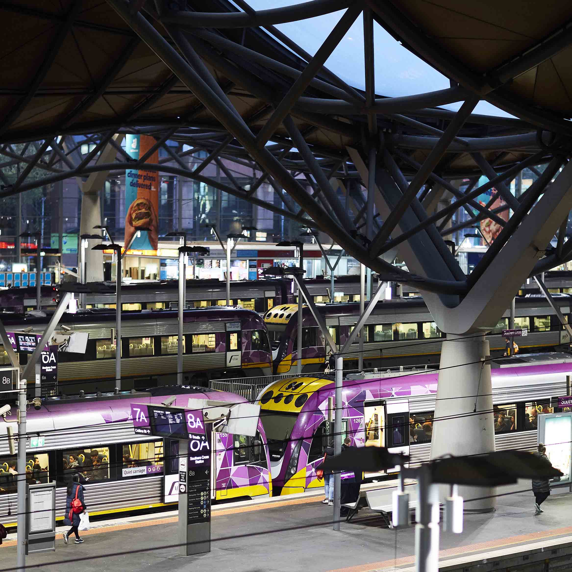 Image shows V/Line trains at Southern Cross Station.