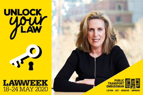 Image shows a photograph of Public Transport Ombudsman, Treasure Jennings, with the text 'Unlock Your Law' alongside a key and lock illustration and the Law Week and PTO logos.