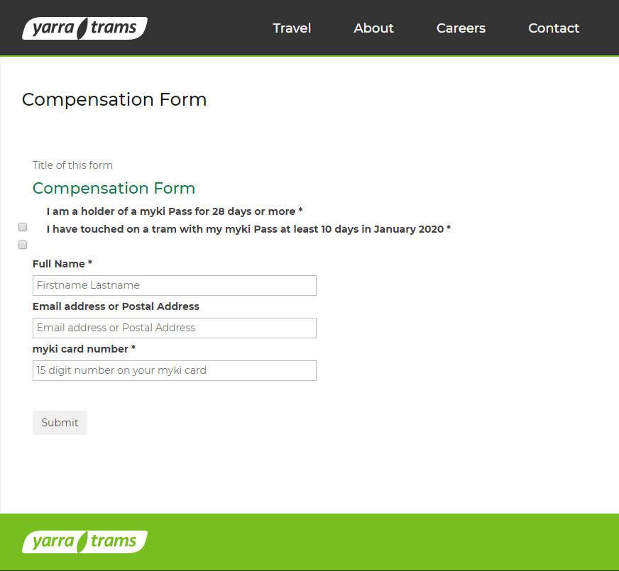 Image shows a screenshot of Yarra Trams' online compensation form